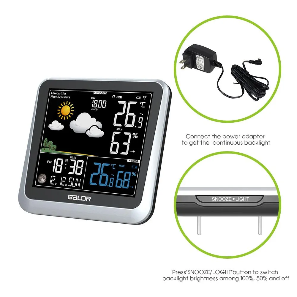 BALDR Wireless Indoor/Outdoor Weather Station - Thermometer & Hygrometer - Temperature & Humidity - Constant Backlight - Power Adapter Included