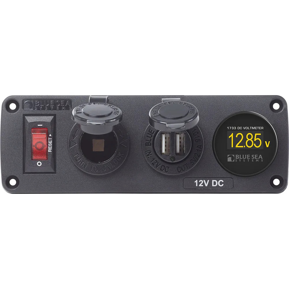 Blue Sea 4356 BelowDeck Panel - 15A Circuit Breaker, 12V Socket, 2.1A Dual USB Charger, Mini Voltmeter [4356]