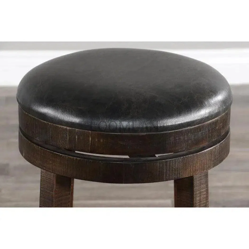 Dark Rustic Backless Swivel Bar Height Stool Black Leather Seat 30"H