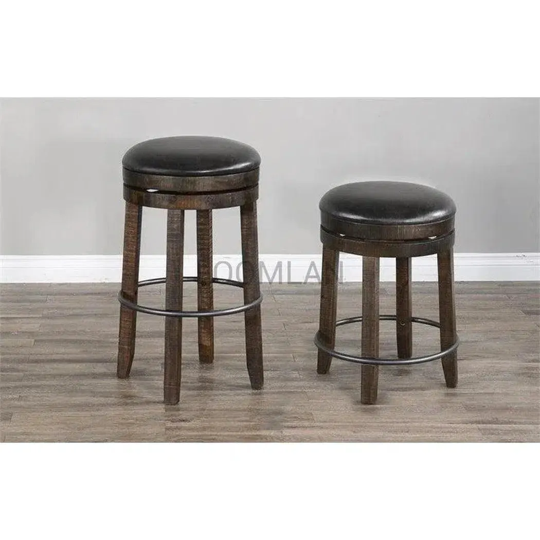 Dark Rustic Backless Swivel Bar Height Stool Black Leather Seat 30"H