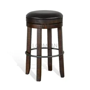 Dark Rustic Backless Swivel Bar Height Stool Black Leather Seat 30"H