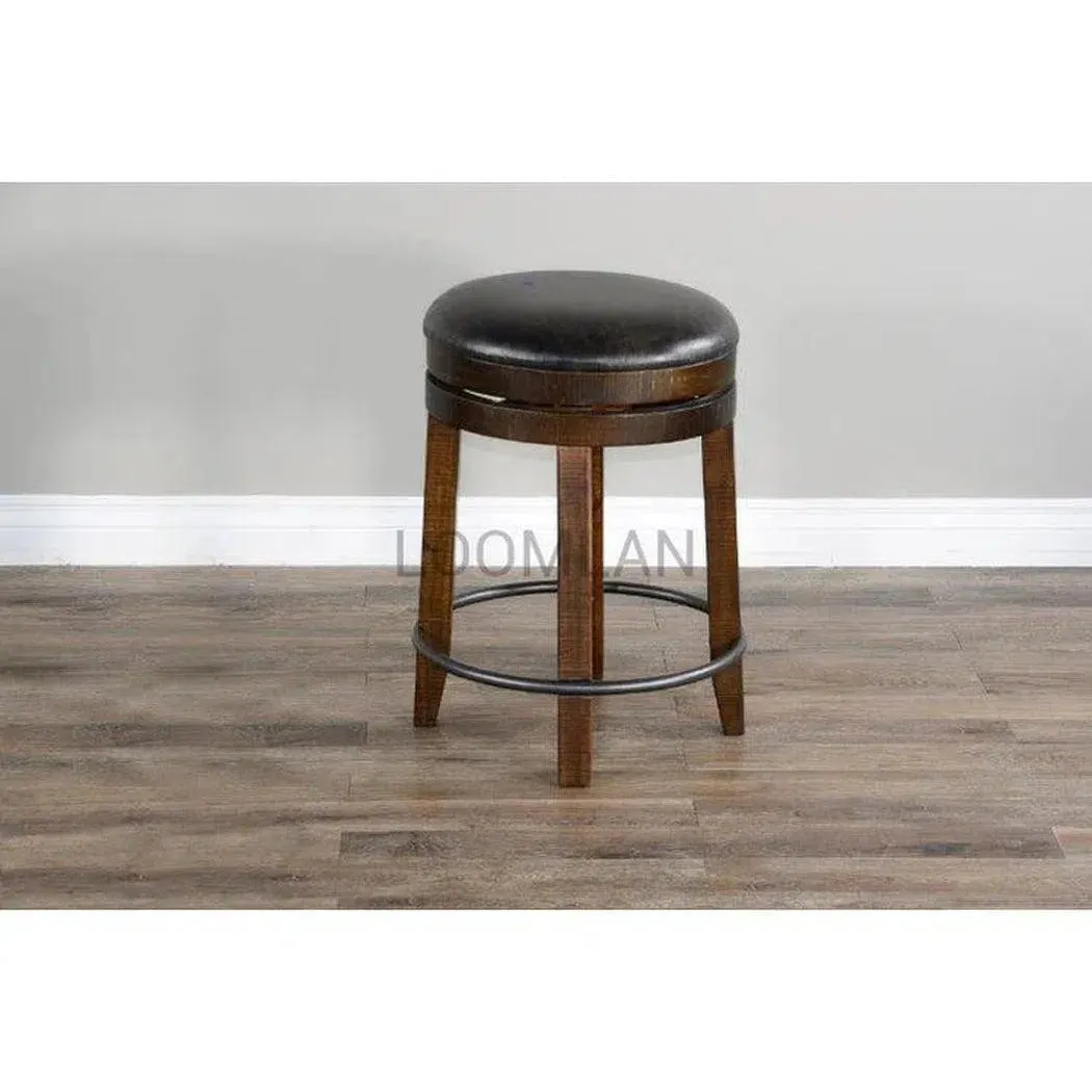 Dark Rustic Backless Swivel Counter Stool Black Leather Seat 24"H