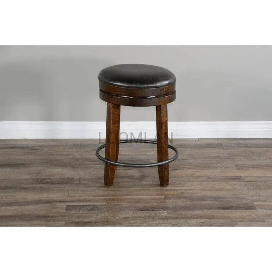 Dark Rustic Backless Swivel Counter Stool Black Leather Seat 24"H