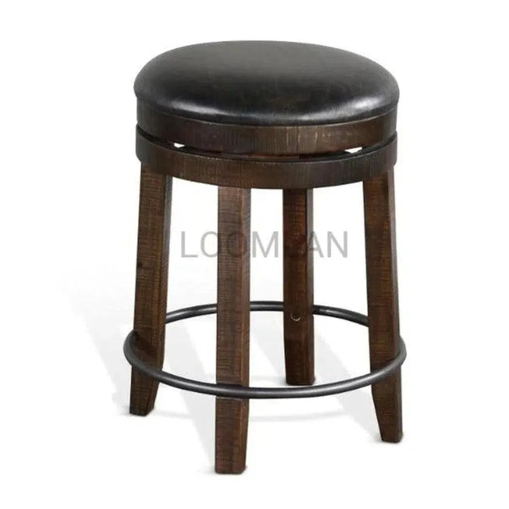 Dark Rustic Backless Swivel Counter Stool Black Leather Seat 24"H