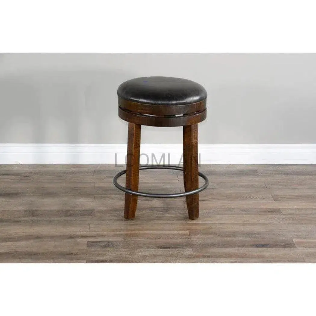 Dark Rustic Backless Swivel Counter Stool Black Leather Seat 24"H