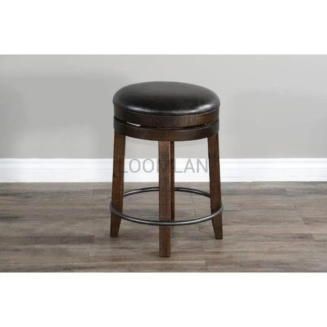 Dark Rustic Backless Swivel Counter Stool Black Leather Seat 24"H