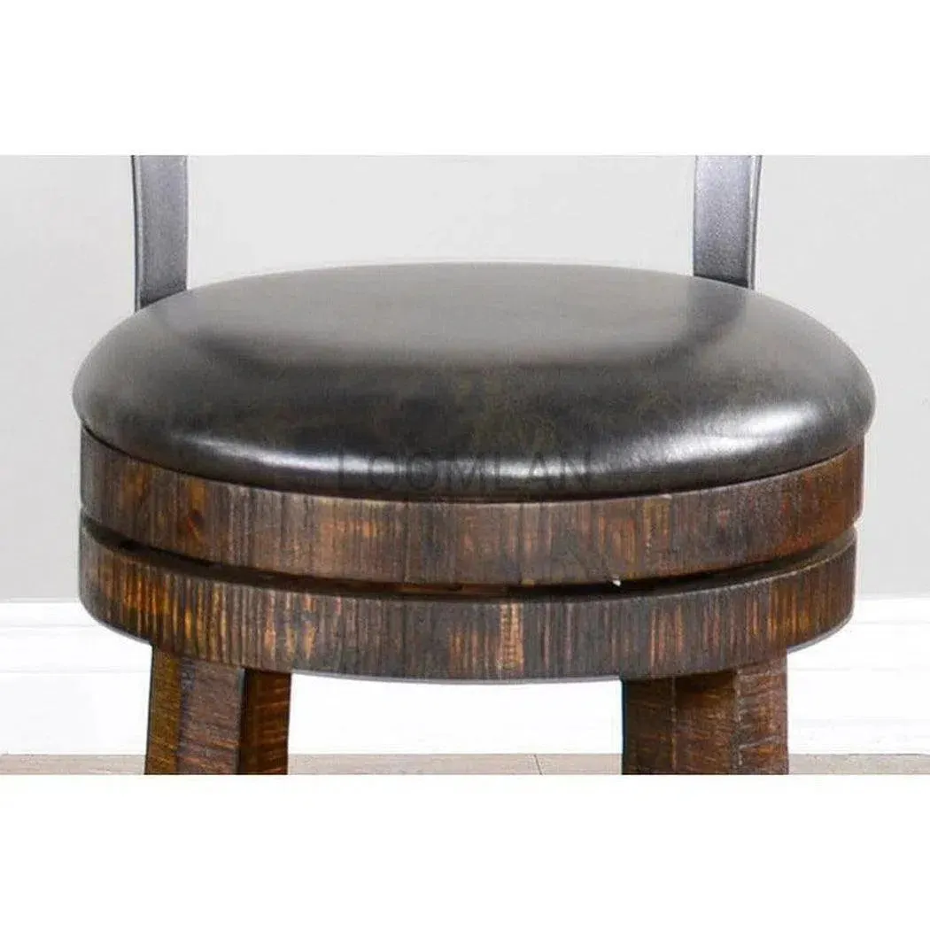 Dark Rustic Ladder Back Swivel Counter Height Stool Leather Seat 24"H