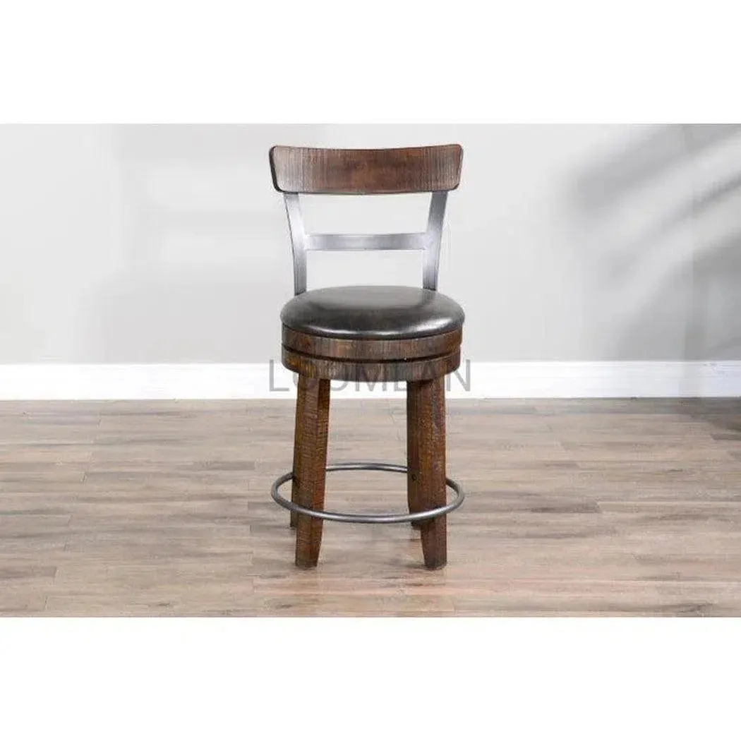 Dark Rustic Ladder Back Swivel Counter Height Stool Leather Seat 24"H