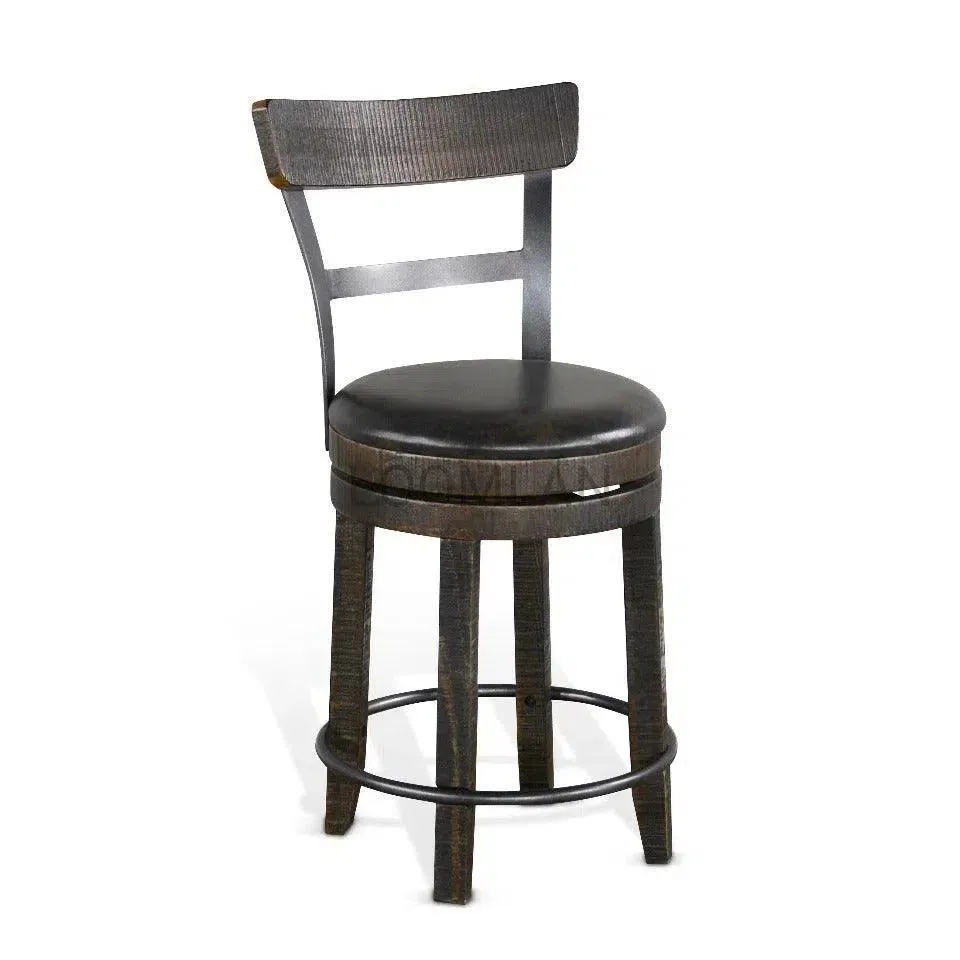 Dark Rustic Ladder Back Swivel Counter Height Stool Leather Seat 24"H