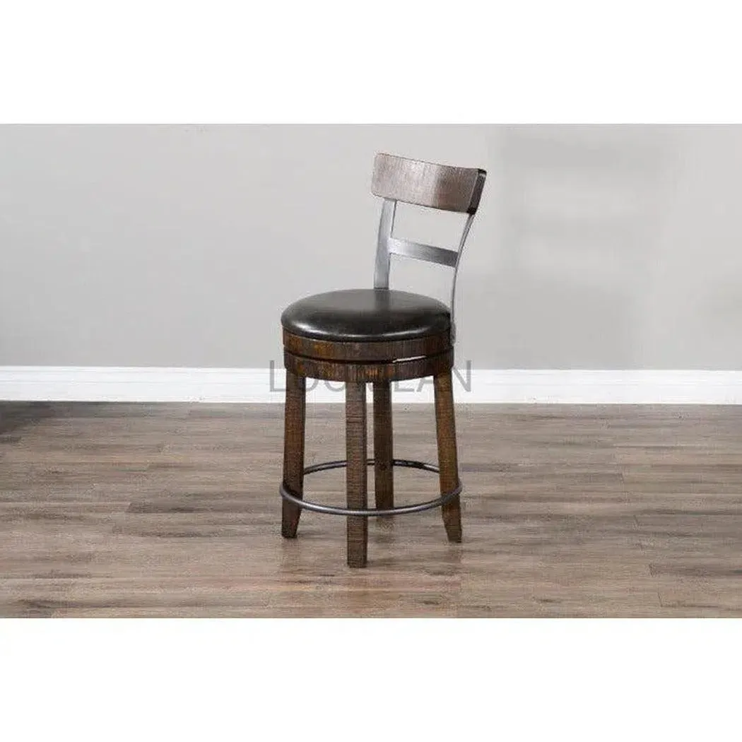 Dark Rustic Ladder Back Swivel Counter Height Stool Leather Seat 24"H