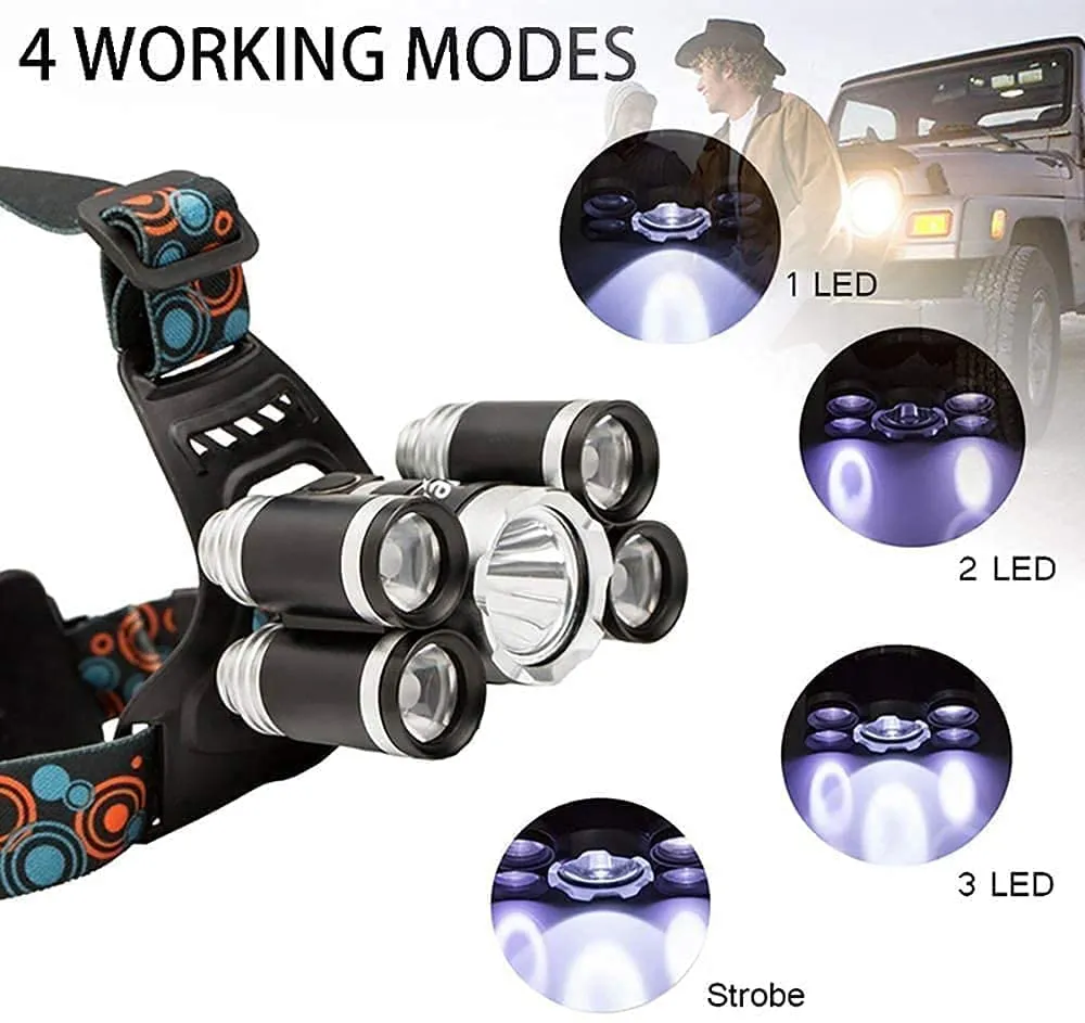 Headlamp LED Light, USB, Lighter And 120v Rechargeable Waterproof 12000 Lumen Ultra Bright 5 LED 4 Modes #6970