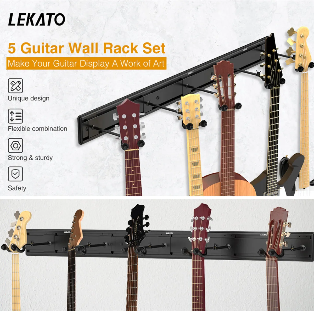 LEKATO Guitar Hangers 5 Adjustable Wall Mount Safety Bracket