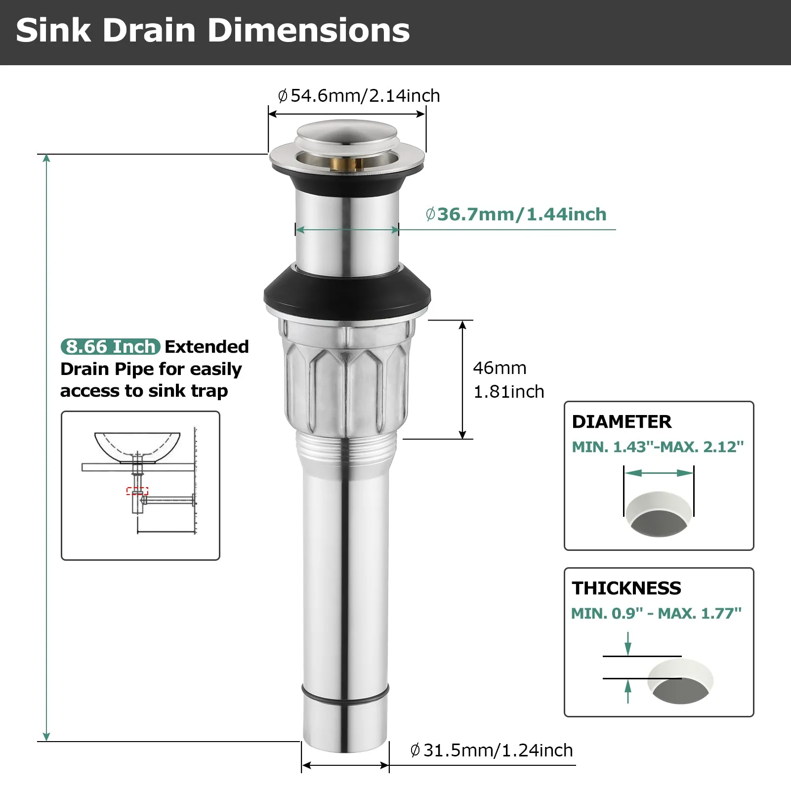 PARLOS Bathroom Sink Drain without Overflow, Metal Pop Up Drain for Vessel Sink, Brushed Nickel, 2108602