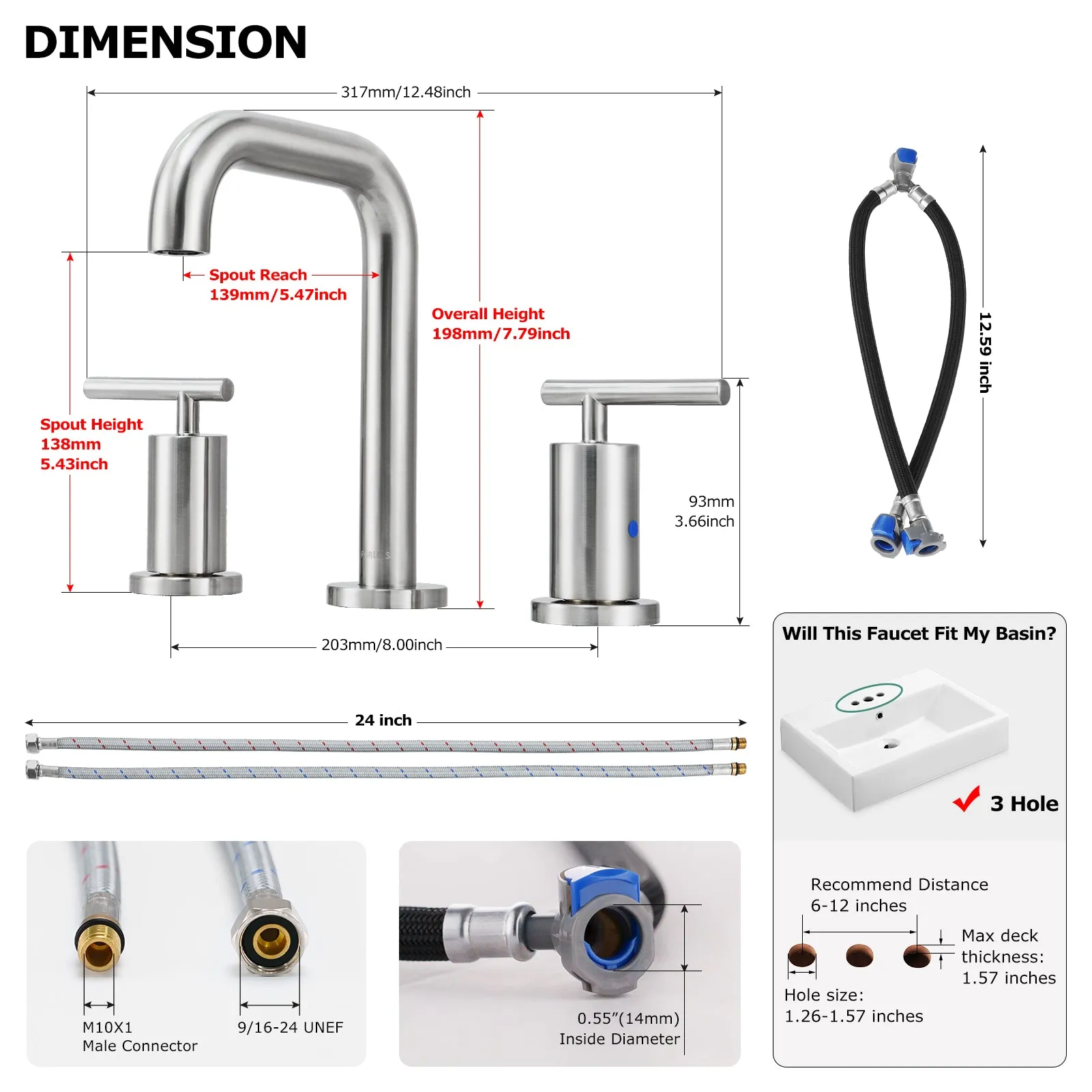 PARLOS Widespread 8 inch Bathroom Sink Faucet 3 Hole Vanity Faucet with cUPC Faucet Supply Lines, Brushed Nickel, 1.2GPM, 1437502PD