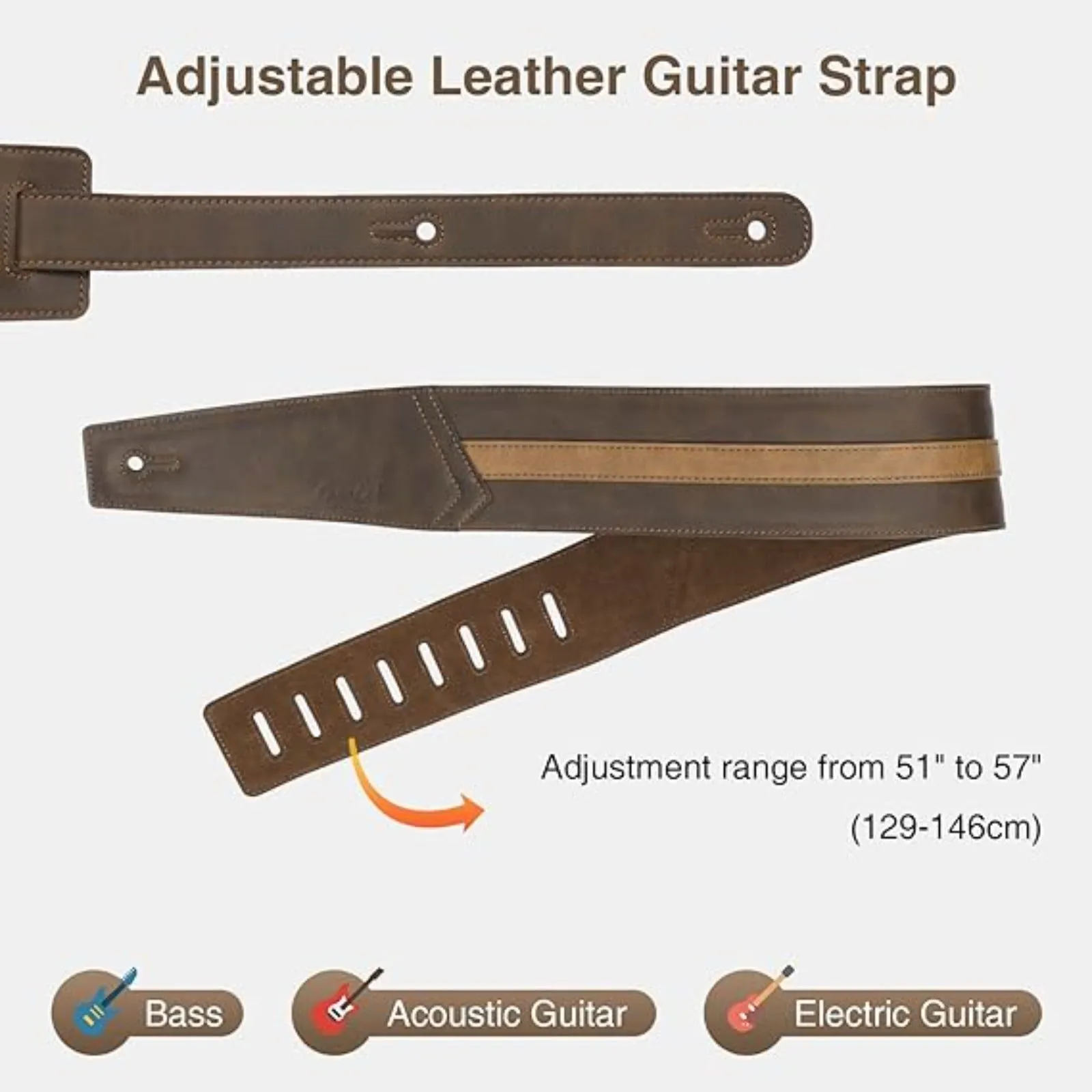 POGOLAB Leather Guitar Bass Strap 3" Wide Foam Cushion Padded Adjustable 51"-57"