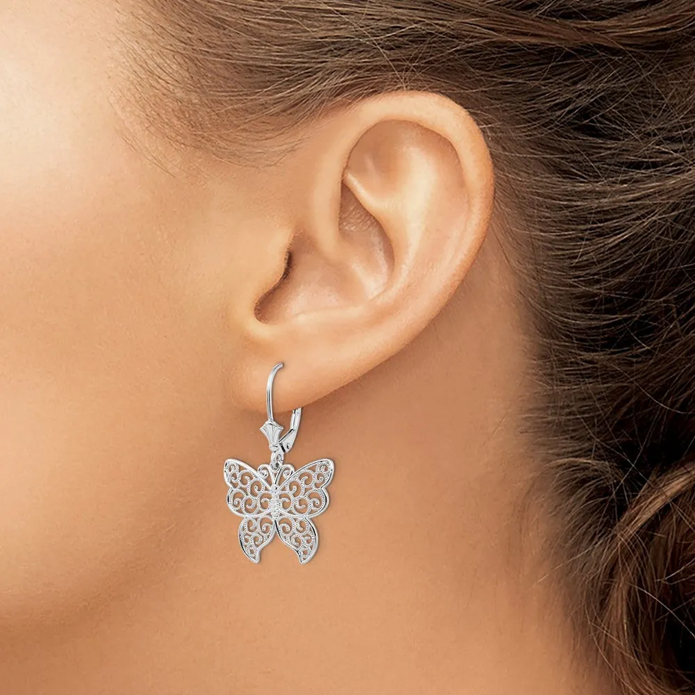 Sterling Silver Polished Filigree Butterfly Leverback Earrings