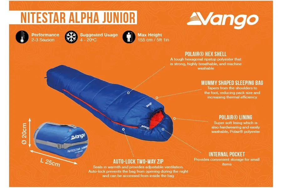 Vango Nitestar Junior Children's Sleeping Bag in Classic Blue (2-3 Season / 170cm long)