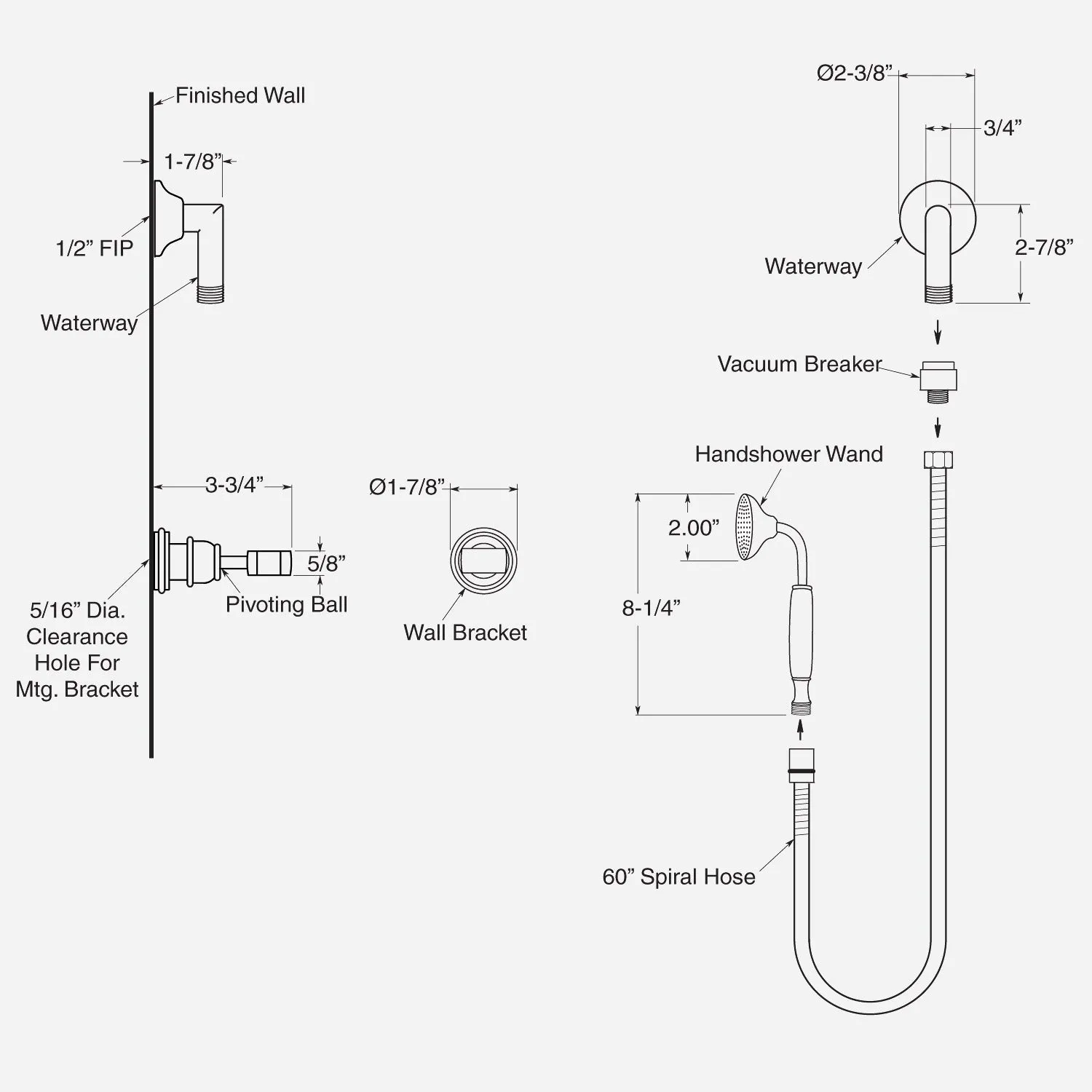 Wall Mount Hand Shower Set with Waterway and Wall Bracket